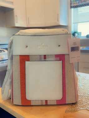 kate spade White Striped Shoulder Bag with Pink & Orange Accents